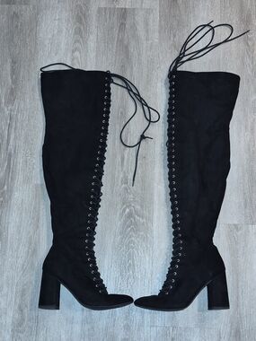 Forever 21 Black Lace-Up Over-the-Knee Block Heel Boots